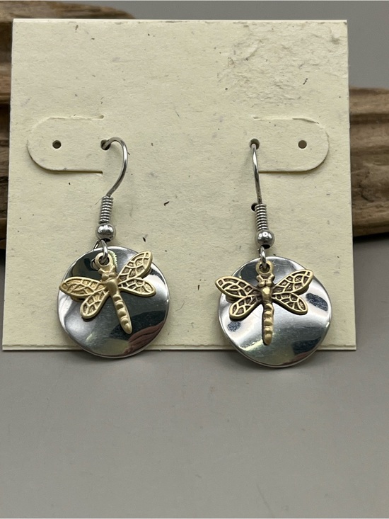 Jewelry - Boho Dragonfly Earrings Silver Tone Disc Brass Gold Charm Dangle Mixed Metal